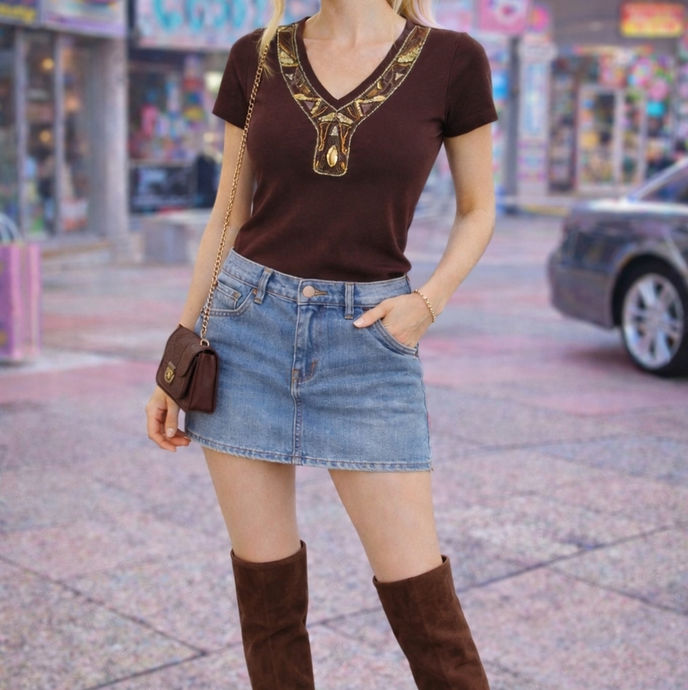 Chocolate Brown Y2k Vintage Brown Embellished Top Rebecca Malone Small Gold